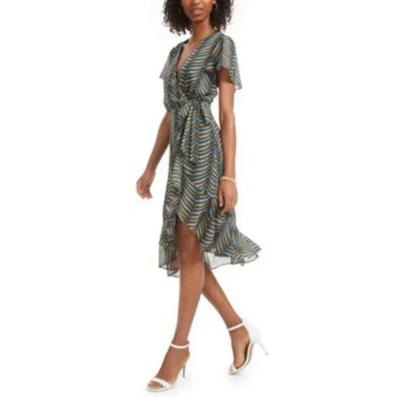 NWT City Studio Size 15 Multicolor Chevron Wrap Dress Ruffle Hem V-Neck - Picture 4 of 16